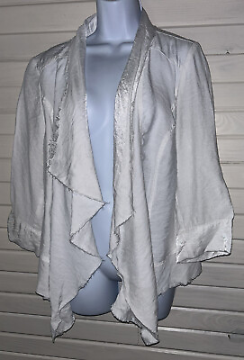 #ad Chicos Jacket Sz 2 LARGE Shimmery White 3 4 Sleeve Open Front Frayed Edges EUC $15.29